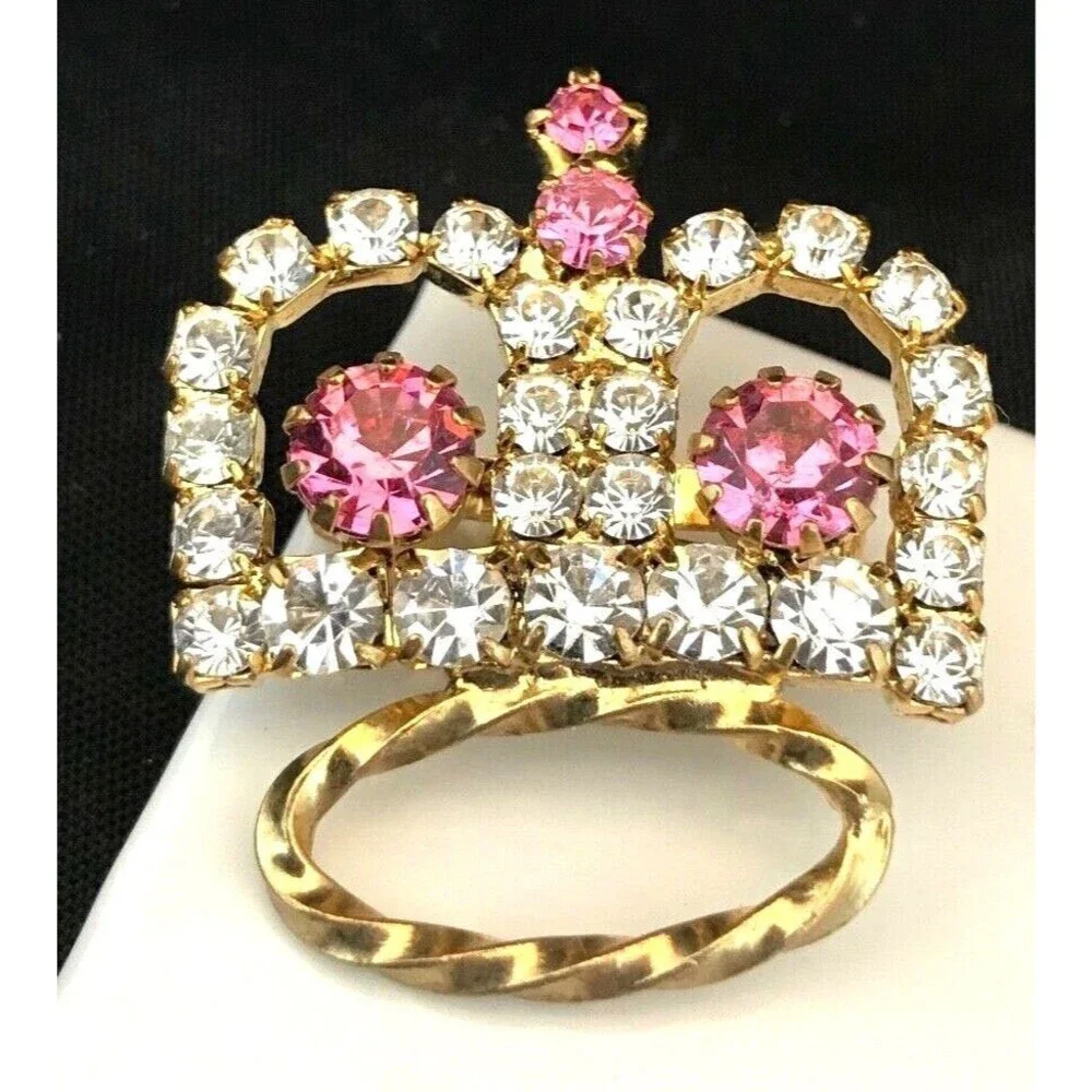 Vintage 1960s Gold Tone Crown Brooch Pink Clear Crystal Pin - 1I